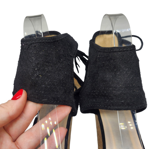 Black Boho Wedge Heels Womens 7.5 Platform Tassel Peep Toe Dressy Evening - Picture 7 of 10